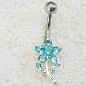 925 SS Stamped Aqua Blue Flower CZ Navel Ring